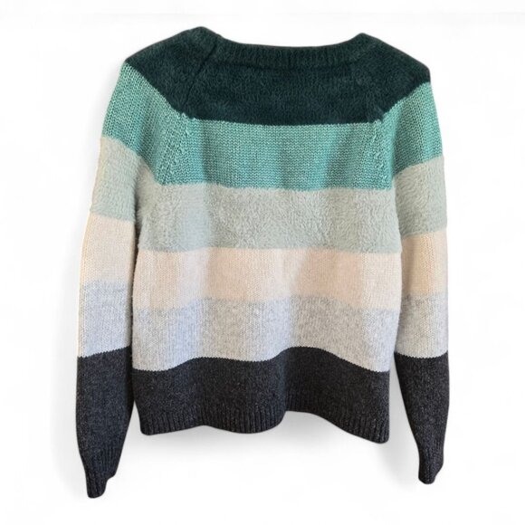 Loft Petite Medium Striped Sweater Crew Neck Soft Knit Teal Gray White Cozy Warm - Picture 2 of 6
